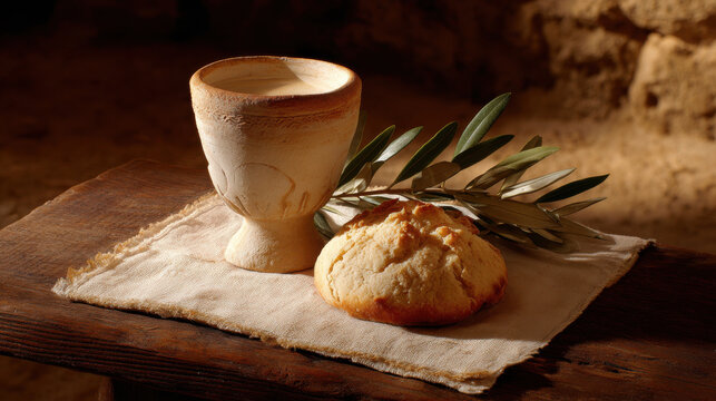 Communion elements on a wooden table, symbolizing faith and sacrifice. A still life featuring a chalice, bread, and olive branch, representing the Christian sacrament of communion and Last Supper