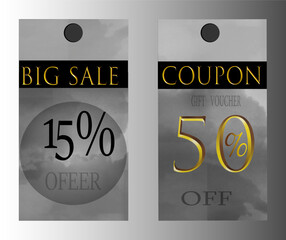 Promotional Sale and Coupon Tags with Gold Accents and Cloudy Sky Background
