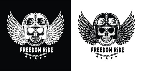 Stylized skull with wings and goggles, featuring the text freedom ride, presented in both black and white for a rebellious and adventurous theme
