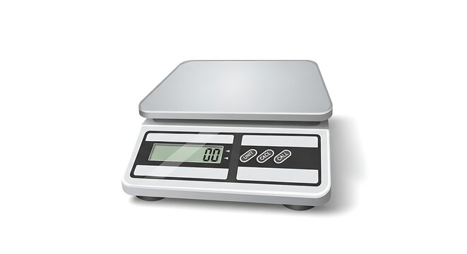 A digital kitchen scale with a metal platform on a white background displaying zero point zero grams ai generated