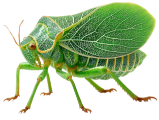 Full-body leaf insect with green camouflage body shaped like leaves, detailed vein patterns, realistic posture, isolated on transparent background