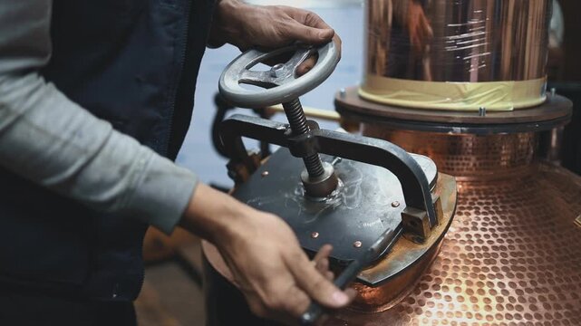 Traditional coppersmith workshop for copper brewing pots manufacturing. This handmade brewery kettles will be used for making traditional alcohol brandy drinks. Small traditional business concept.