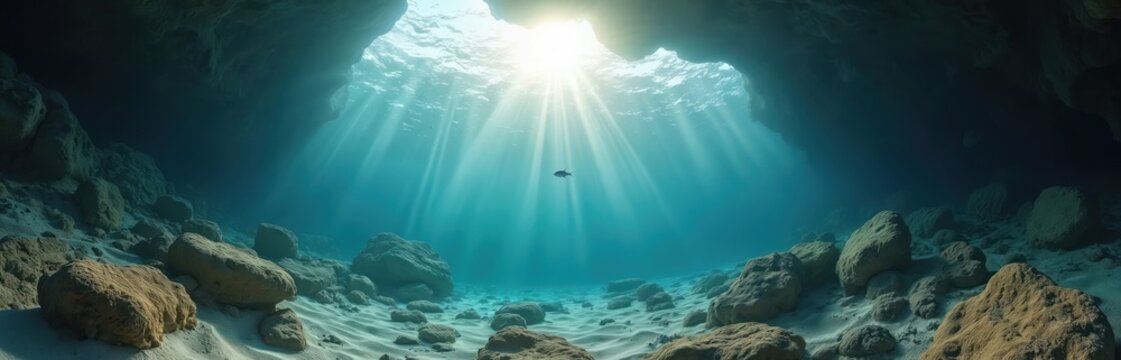 Sunlight streams into clean clear blue water inside ocean cave. Bright rays illuminate sandy seabed floor with natural rocks. Small fish swims calmly in deep underwater grotto. Peaceful marine - Powered by Adobe