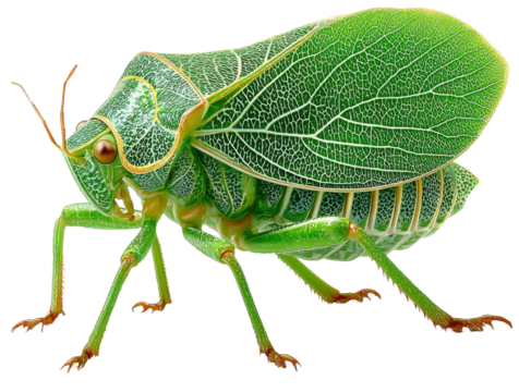 Full-body leaf insect with green camouflage body shaped like leaves, detailed vein patterns, realistic posture, isolated on transparent background
