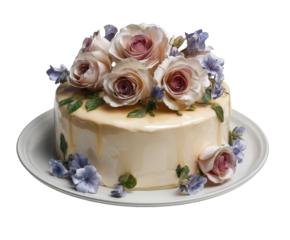 Elegant cream cake decorated with pink and purple roses, isolated on transparent background