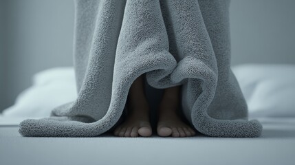 A close-up of a pair of bare feet peeking out from under a soft, gray blanket in a cozy bedroom setting.