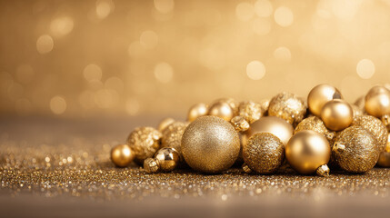 Golden Christmas ornaments for the holiday season. A beautiful arrangement of golden Christmas ornaments, perfect for festive greetings and holiday celebrations.
