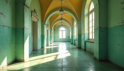 Long old building corridor features mint green tiled walls, yellow arched ceiling. Sun shines through tall windows, casting bright light, sharp shadows on aged floor. Vintage design shows decay,