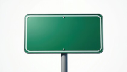 Blank green road sign on pole against white background. Ready for custom text and graphics for direction or information. Empty space for messages, directions, or business data.