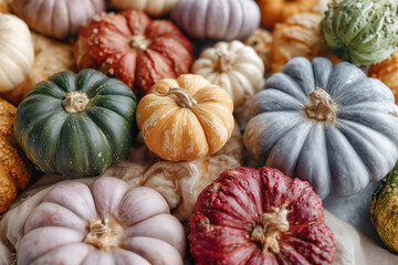 Close-up view of several autumn pumpkins of various colors and sizes