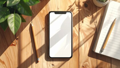 Flat lay of a modern workspace featuring a smartphone mockup on a sunlit wooden desk with a notebook and green plant