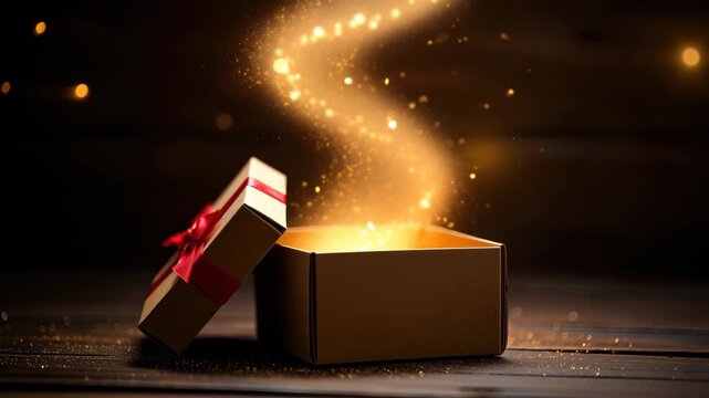 A beautifully wrapped gift box opens to reveal swirling golden sparkles. The warm glow creates a magical atmosphere in a dimly lit setting filled with excitement and anticipation