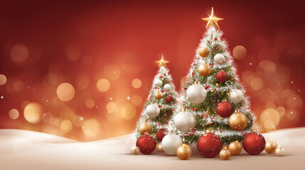 Obraz premium Christmas trees with ornaments star on top, perfect for holiday greetings. Two decorated Christmas trees stand on snowy ground, with warm red background bokeh lights, ideal for festive greeting cards