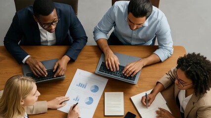 Top-down view of a diverse team collaborating with laptops and charts, ideal for a business meeting video or presentation concept. - Powered by Adobe