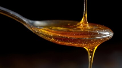 Close-up of a spoon with honey dripping from it. the honey is a golden-brown color and appears to be freshly made. the spoon is silver and has a curved handle.