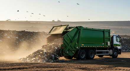 A garbage truck unloads the garbage it collected in the city at a landfill.