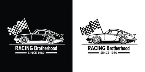 Vintage sports car with racing flags and text racing brotherhood since 1983 in black and white