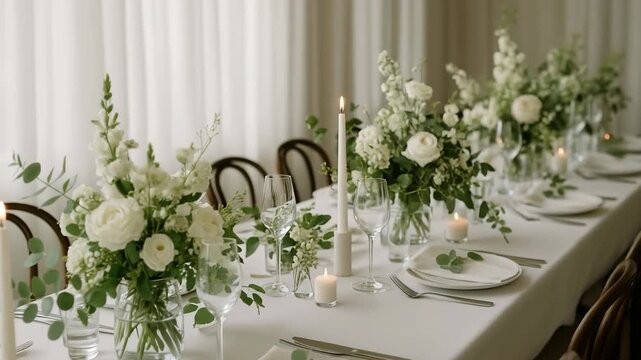 Elegant wedding table setup with white flowers and candles, captured from a side angle. Perfect for a romantic event video or celebration scene. Live desktop wallpaper.