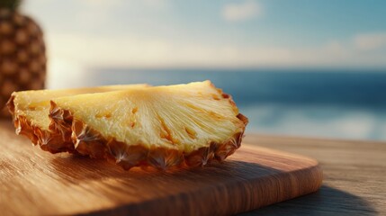 A close-up of a fresh pineapple slice on a wooden cutting board, capturing the vibrant yellow color against a serene ocean backdrop.