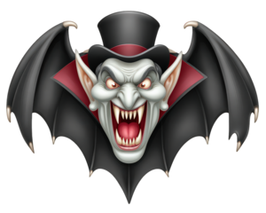 Menacing cartoon vampire count with top hat and bat wing cape. Gothic character with sharp fangs, an angry expression, and screaming with scary glowing red eyes