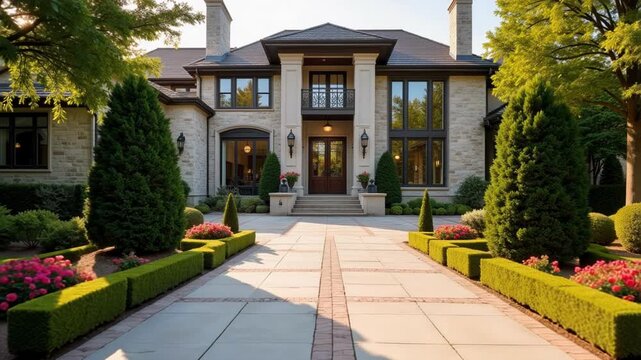 Elegant driveway approach to a stunning luxury home in a desirable neighborhood, showcasing upscale living and architectural design with modern appeal