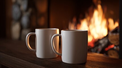 Two steaming coffee mugs sit against a cozy fireplace backdrop, inviting warmth and comfort.