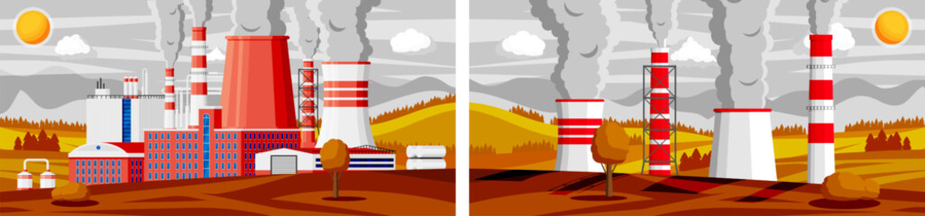 Obraz premium Factory chimneys emitting smoke into the sky. Pollution from industrial building. Environmental problem and global warming concept.