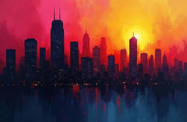 Obraz premium Abstract city skyline at sunset or sunrise. Tall buildings silhouette against a vibrant sky. Red orange yellow colors blend above dark urban towers. Water reflects vivid hues. Modern metropolis view.