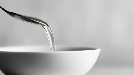 Black and white photograph of a spoon pouring milk into a white bowl. the spoon is on the left side of the image and the bowl is in the center.