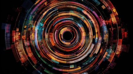 Abstract circular digital interface in vibrant neon colors on dark background.