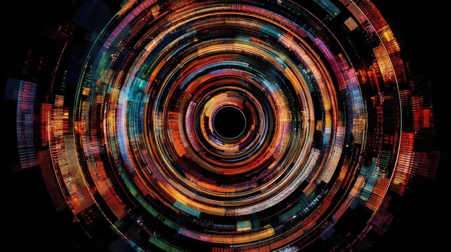 Abstract circular digital interface in vibrant neon colors on dark background. - Powered by Adobe