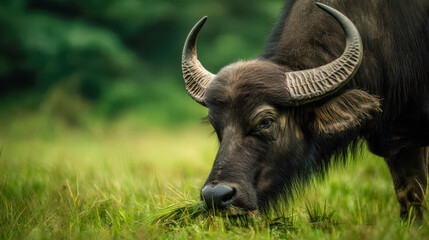 Wild buffalo grazing on fresh green grass in its natural habitat, close-up wildlife photography