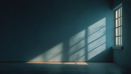 Obraz premium Sunlight streams through a tall window onto a plain wall and wooden floor in a dim room