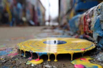 Melting vinyl record with multicolored paint on graffiti street