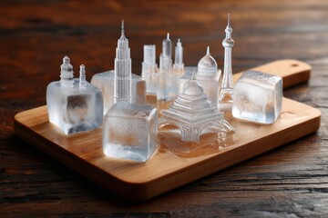 Miniature Architectural Landmarks Frozen in Ice Cubes on Wooden Board
