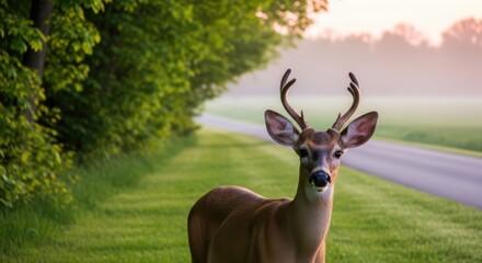 Fototapeta premium Young buck with antlers stands beside a misty road in morning light