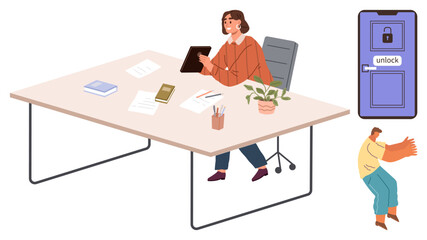 Woman seated at desk engaging with a tablet, paperwork, and office tools nearby, a locked door with unlock message and person pulling scarf emphasizes access and opportunity. Ideal for workplace