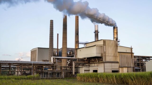 An industrial sugar processing facility surrounded by fields of sugar cane. Smoke rises from the stacks as machinery operates against a backdrop of a clear sky