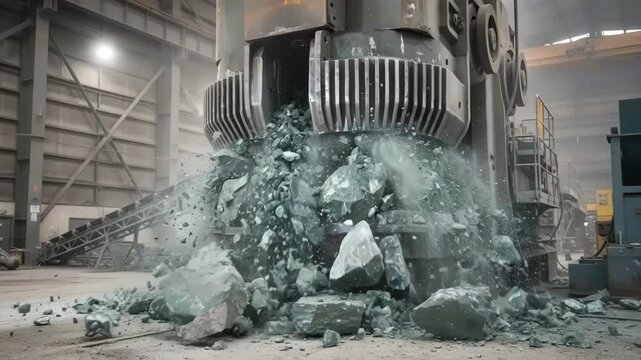 Medium shot of a jaw crusher breaking down large chunks of zinc ore showcasing powerful mechanical crushing with dust and debris in motion