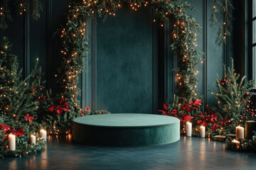 Christmas podium displaying with christmas trees, gift boxes and candles illuminating a dark green wall for product placement. Ideal for business events or promotions, with space for text or products