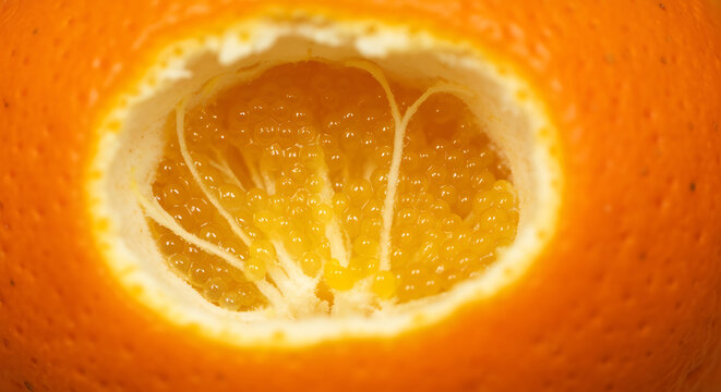 Vibrant macro close-up of a juicy, fresh orange fruit segment revealing intricate texture of individual pulp cells and translucent vesicles bursting with refreshing citrus juice, highlighting natural