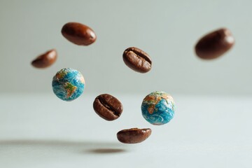 Miniature globes and coffee beans floating in midair