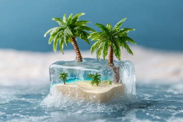 Miniature island of palm trees inside a melting ice cube