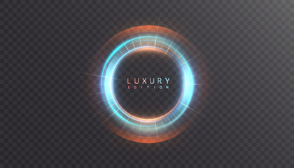 A glowing circular ring of blue and orange on a transparent background. A futuristic energy halo for sci-fi interfaces and digital technology design.