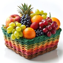 Diverse fruits in basket. Colorful assortment with oranges grapes pineapple blueberries peach. Fresh produce still life vibrant. Summer harvest from local market. Healthy eating concept for
