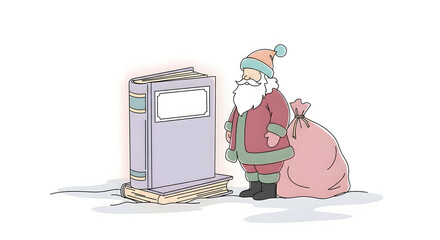 Illustration of santa claus standing next to a stack of books and a sack of gifts isolated on white background