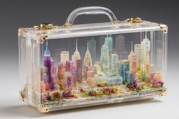 Miniature New York City cityscape displayed inside an acrylic suitcase