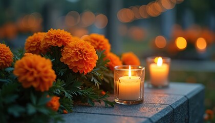 Orange marigold flowers and lit candles rest on a grave marker. This solemn scene evokes remembrance and honor for loved ones passed away, particularly during autumn remembrance holidays.