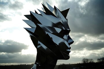 Modern angular metal sculpture of a head against a cloudy sky