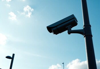 CCTV camera on the lamp post during the day with the sky as the background